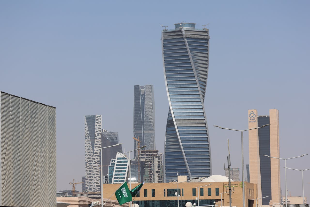 Skyline view of Riyadh's modern architecture with distinctive skyscrapers.